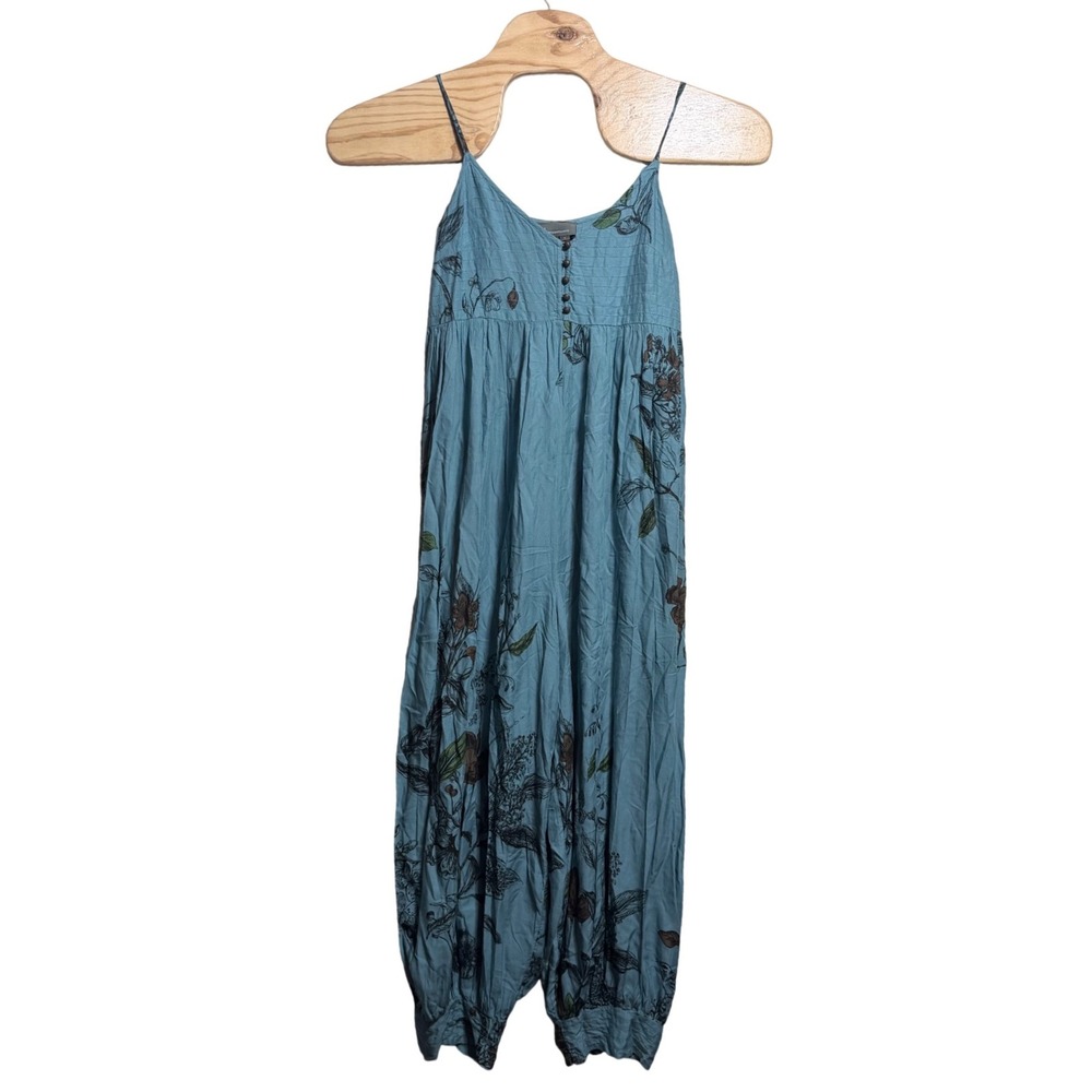 Anthropologie Floral Harem Jumpsuit Blue Teal Botanical Rayon Small OB1777807